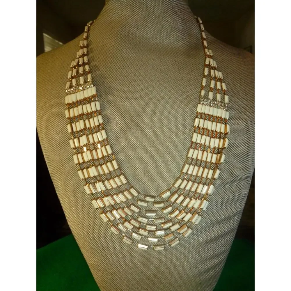 Vintage Bib‎ Collar Egyptian revival White & Clear Rhinestone Necklace 17